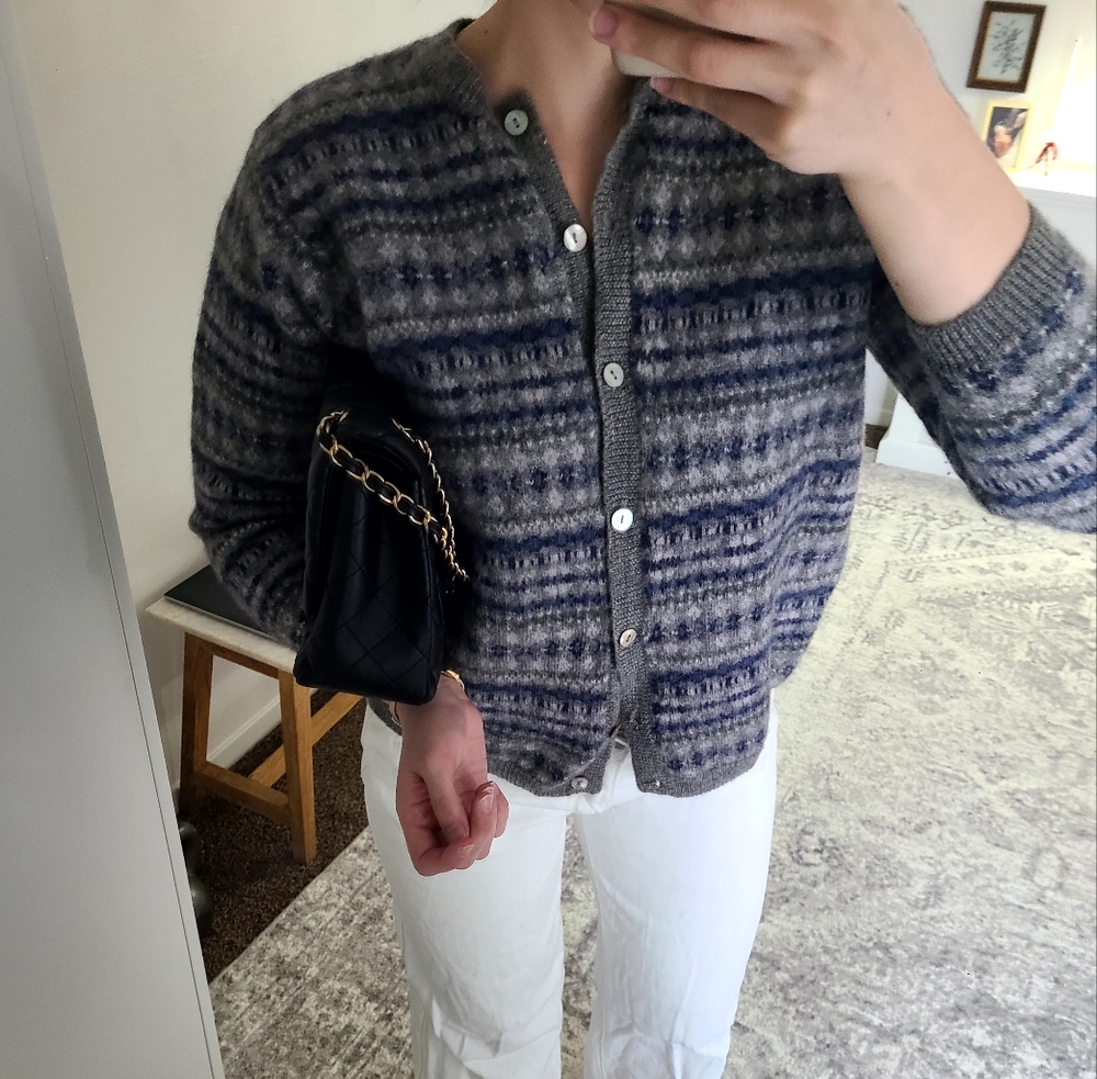 100% Wool Striped Gray and Blue Cardigan